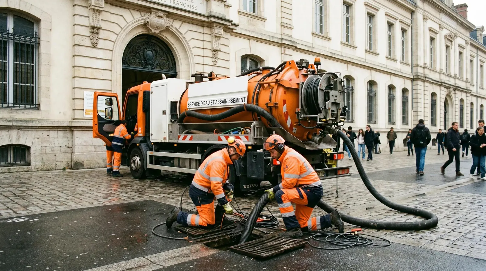 Camion d'hydrocurage et plombiers débouchant une canalisation dans une rue du 20e arrondissement de Paris